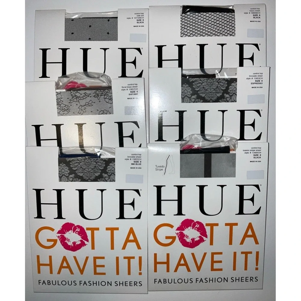 NIP Lot 6 Pairs HUE Gotta Have It! Fashion Sheers Control Top Pantyhose‎ Size 0